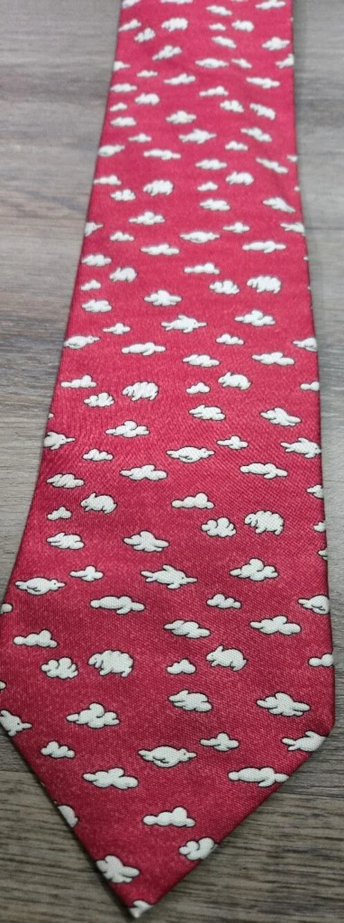Vintage Hermes Paris Red Silk Necktie Cloud Bunny Rabbit Pattern France 7853 UA